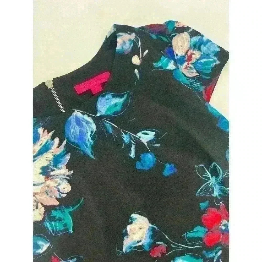 Betsey Johnson Size 14 Black Multicolor Cap Sleeve Floral Women’s Scuba Dress